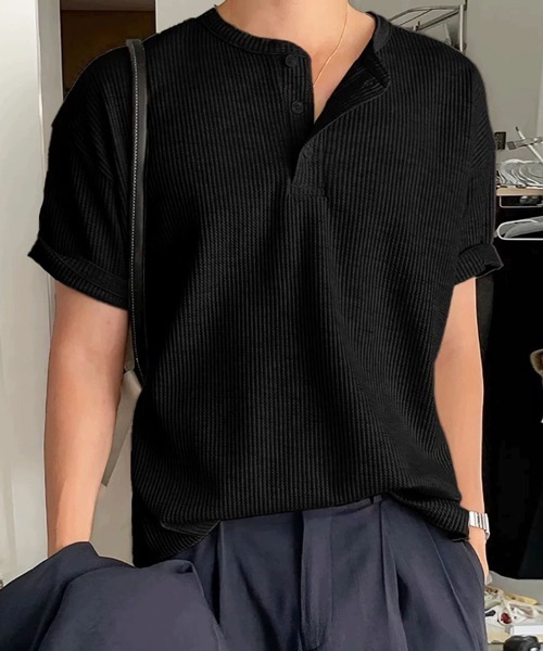 NOWLE（ノウル）の「【NOWLE】凹凸ワッフル サーマル ヘンリーネック 半袖 Tシャツ/ アーバンリラックス ショートスリーブ トップス（Tシャツ/カットソー・メンズ・ホワイト/グレー/ブラック・MEDIUM/LARGE/X-LARGE）」の13枚目の写真