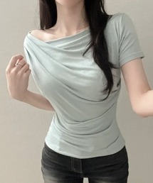 アシンメトリードレープネック半袖トップス