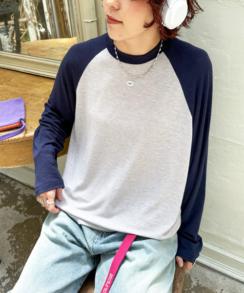 DOUBLE NAME(ダブルネーム)の「ロゴパーツ ラグランロンTEE(Tシャツ/カットソー・レディース・ブルー/ネイビー/オレンジ・FREE)」の17枚目の写真