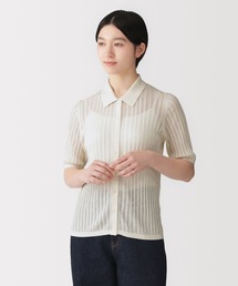 婦人　なめらかリブ透かし編み五分袖ポロカーディガン