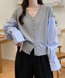 シャツドッキングニット カーディガン シャツ ドッキングトップス 長袖 ストライプシャツ ニット ドッキングシャツ ニットカーディガン vネック ショート丈