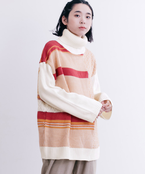 MERLOT（メルロー）の「ハイネックマルチパターンニット1354（ニット/セーター・レディース・ベージュ/ピンク/グリーン・FREE）」の3枚目の写真