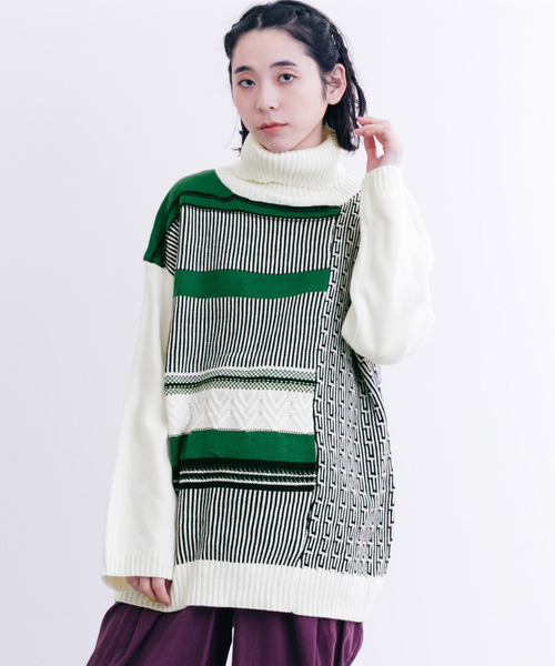 MERLOT（メルロー）の「ハイネックマルチパターンニット1354（ニット/セーター・レディース・ベージュ/ピンク/グリーン・FREE）」の2枚目の写真