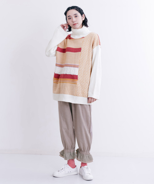 MERLOT（メルロー）の「ハイネックマルチパターンニット1354（ニット/セーター・レディース・ベージュ/ピンク/グリーン・FREE）」の7枚目の写真