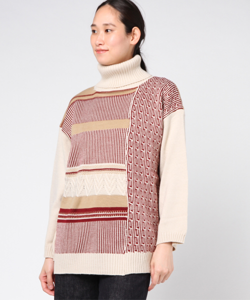 MERLOT（メルロー）の「ハイネックマルチパターンニット1354（ニット/セーター・レディース・ベージュ/ピンク/グリーン・FREE）」の11枚目の写真