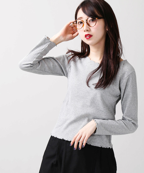 WEGO(ウィゴー)の「WEGO/メロウフリルリブロングカットソー(Tシャツ/カットソー・レディース・ホワイト/ライトベージュ/ライトピンク/杢グレー/アイボリー・FREE)」の3枚目の写真