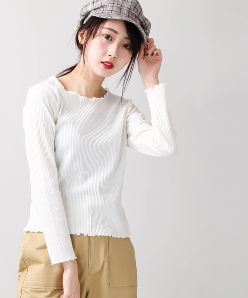 WEGO(ウィゴー)の「WEGO/メロウフリルリブロングカットソー(Tシャツ/カットソー・レディース・ホワイト/ライトベージュ/ライトピンク/杢グレー/アイボリー・FREE)」の1枚目の写真