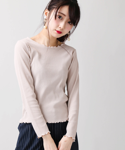 WEGO(ウィゴー)の「WEGO/メロウフリルリブロングカットソー(Tシャツ/カットソー・レディース・ホワイト/ライトベージュ/ライトピンク/杢グレー/アイボリー・FREE)」の4枚目の写真