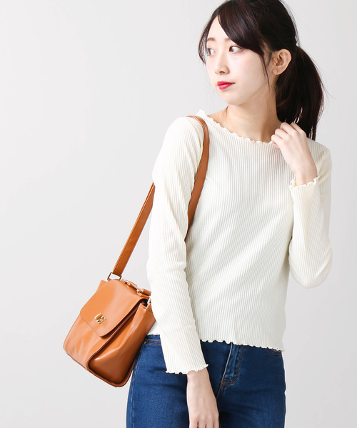 WEGO(ウィゴー)の「WEGO/メロウフリルリブロングカットソー(Tシャツ/カットソー・レディース・ホワイト/ライトベージュ/ライトピンク/杢グレー/アイボリー・FREE)」の2枚目の写真