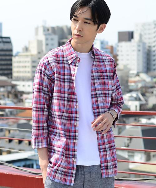 coen(コーエン)の「綿麻7分袖チェックシャツ(シャツ/ブラウス・メンズ・ネイビー/レッド・LARGE/SMALL/MEDIUM/X-LARGE)」の1枚目の写真