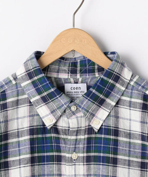 coen(コーエン)の「綿麻7分袖チェックシャツ(シャツ/ブラウス・メンズ・ネイビー/レッド・LARGE/SMALL/MEDIUM/X-LARGE)」の4枚目の写真