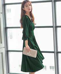 [CLOSED] パーティードレス 二次会 リボンベルト 長袖 フィッシュテール 膝丈 ワンピース 20代 30代 大きいサイズ お呼ばれ 結婚式