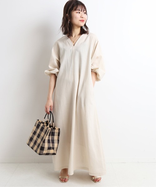 セール】リネン混ニュアンスネックワンピース【手洗い可能