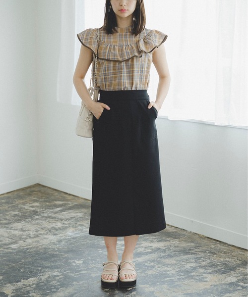 FREE'S MART(フリーズマート)の「ストレッチダブルジョーゼットスリットタイトスカート(スカート・レディース・ブラック/ベージュ/ライトカーキ/ブルー・マルチサイズ)」の9枚目の写真