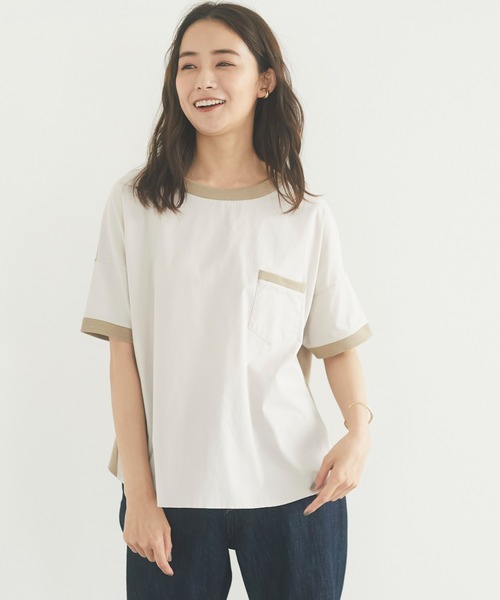 CRAFT STANDARD BOUTIQUE（クラフトスタンダードブティック）の「異素材Tブラウス　＊（Tシャツ/カットソー・レディース・チャコールグレー/ベージュ/ブルー/イエロー/ピンク・FREE）」の2枚目の写真