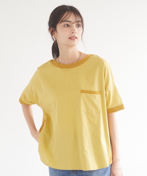 CRAFT STANDARD BOUTIQUE（クラフトスタンダードブティック）の「異素材Tブラウス　＊（Tシャツ/カットソー・レディース・チャコールグレー/ベージュ/ブルー/イエロー/ピンク・FREE）」の4枚目の写真