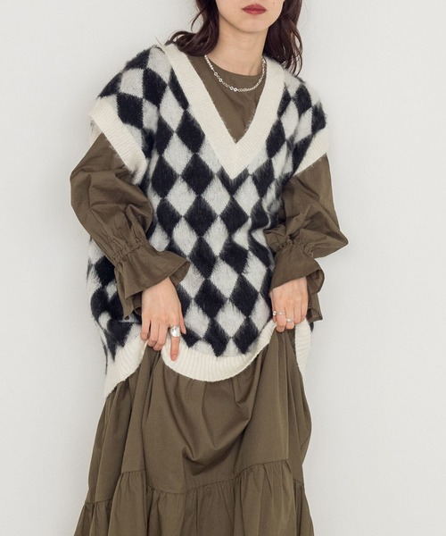 【レトロ古着】ウールニット セーター ラウンドネック ダイヤ柄 ダークカラー L