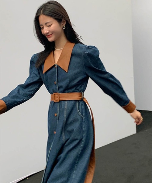 クーポン最新送料無料 レザー切替ウエストベルトデニムワンピース Leja レザー切替ウエストベルトデニムワンピース Ljes を購入できます Message Leja 純正品 新品