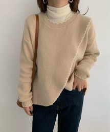 ハンドステッチ風 フリル配色 ロングスリーブ ニット