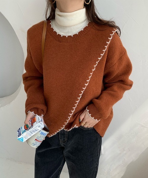 yuue' ( wear )(ユーイ)の「ハンドステッチ風 フリル配色 ロングスリーブ ニット(ニット/セーター・レディース・ベージュ/ブラウン/オフホワイト・FREE)」の1枚目の写真