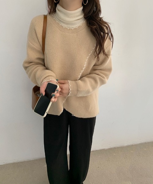yuue' ( wear )(ユーイ)の「ハンドステッチ風 フリル配色 ロングスリーブ ニット(ニット/セーター・レディース・ベージュ/ブラウン/オフホワイト・FREE)」の10枚目の写真