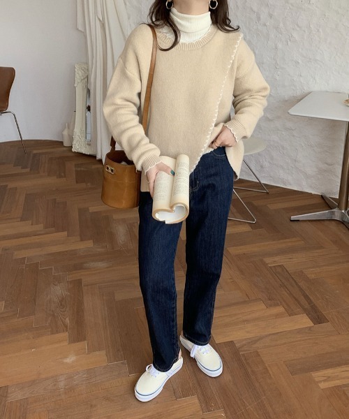 yuue' ( wear )(ユーイ)の「ハンドステッチ風 フリル配色 ロングスリーブ ニット(ニット/セーター・レディース・ベージュ/ブラウン/オフホワイト・FREE)」の11枚目の写真