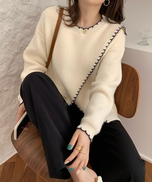 yuue' ( wear )(ユーイ)の「ハンドステッチ風 フリル配色 ロングスリーブ ニット(ニット/セーター・レディース・ベージュ/ブラウン/オフホワイト・FREE)」の19枚目の写真
