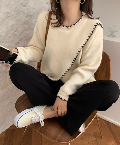 yuue' ( wear )(ユーイ)の「ハンドステッチ風 フリル配色 ロングスリーブ ニット(ニット/セーター・レディース・ベージュ/ブラウン/オフホワイト・FREE)」の20枚目の写真
