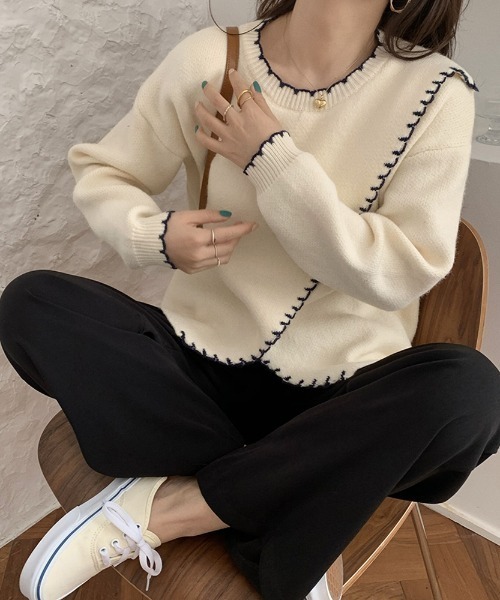 yuue' ( wear )(ユーイ)の「ハンドステッチ風 フリル配色 ロングスリーブ ニット(ニット/セーター・レディース・ベージュ/ブラウン/オフホワイト・FREE)」の21枚目の写真