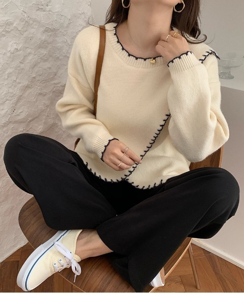 yuue' ( wear )(ユーイ)の「ハンドステッチ風 フリル配色 ロングスリーブ ニット(ニット/セーター・レディース・ベージュ/ブラウン/オフホワイト・FREE)」の22枚目の写真