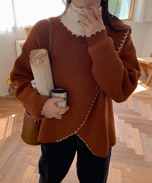 yuue' ( wear )(ユーイ)の「ハンドステッチ風 フリル配色 ロングスリーブ ニット(ニット/セーター・レディース・ベージュ/ブラウン/オフホワイト・FREE)」の5枚目の写真
