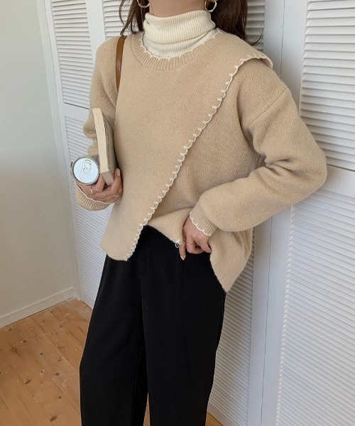 yuue' ( wear )(ユーイ)の「ハンドステッチ風 フリル配色 ロングスリーブ ニット(ニット/セーター・レディース・ベージュ/ブラウン/オフホワイト・FREE)」の15枚目の写真
