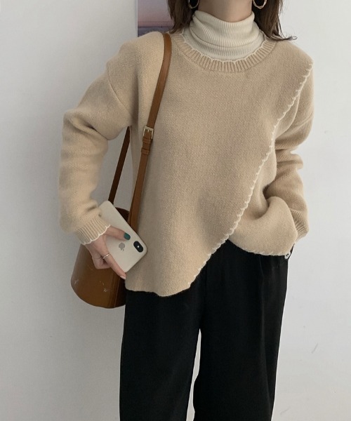 yuue' ( wear )(ユーイ)の「ハンドステッチ風 フリル配色 ロングスリーブ ニット(ニット/セーター・レディース・ベージュ/ブラウン/オフホワイト・FREE)」の16枚目の写真