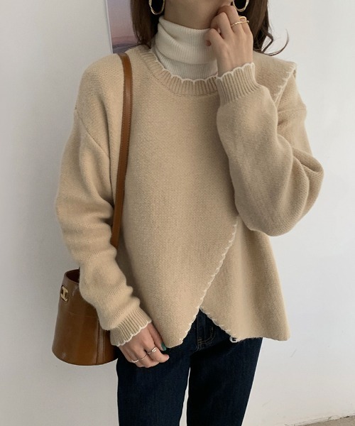 yuue' ( wear )(ユーイ)の「ハンドステッチ風 フリル配色 ロングスリーブ ニット(ニット/セーター・レディース・ベージュ/ブラウン/オフホワイト・FREE)」の17枚目の写真