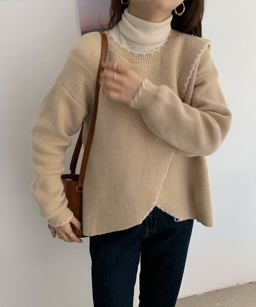 yuue' ( wear )(ユーイ)の「ハンドステッチ風 フリル配色 ロングスリーブ ニット(ニット/セーター・レディース・ベージュ/ブラウン/オフホワイト・FREE)」の18枚目の写真