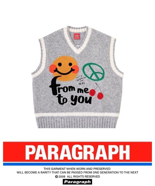Paragraph（パラグラフ）の「A'GEM/9 × .kom『paragraph/パラグラフ』Smile Team Logo Knit Vest / スマイルチームロゴ ニットベスト（ベスト・メンズ・グレー/アイボリー/ブルー・FREE）」の10枚目の写真