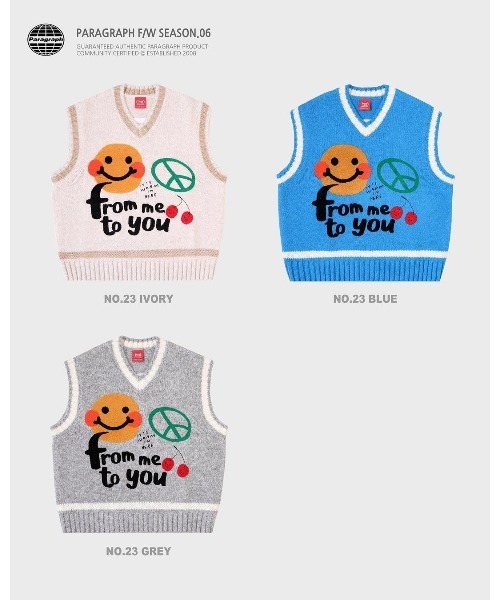 Paragraph（パラグラフ）の「A'GEM/9 × .kom『paragraph/パラグラフ』Smile Team Logo Knit Vest / スマイルチームロゴ ニットベスト（ベスト・メンズ・グレー/アイボリー/ブルー・FREE）」の6枚目の写真
