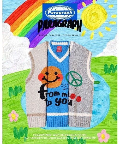 Paragraph（パラグラフ）の「A'GEM/9 × .kom『paragraph/パラグラフ』Smile Team Logo Knit Vest / スマイルチームロゴ ニットベスト（ベスト・メンズ・グレー/アイボリー/ブルー・FREE）」の4枚目の写真