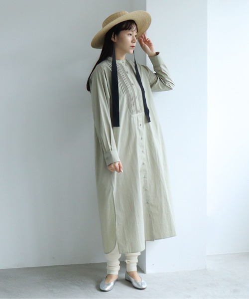 yuni（ユニ　）の「インドピンタック　Iラインシャツワンピース（シャツワンピース・レディース・モスグリーン/ホワイト/サックスブルー・FREE）」の9枚目の写真