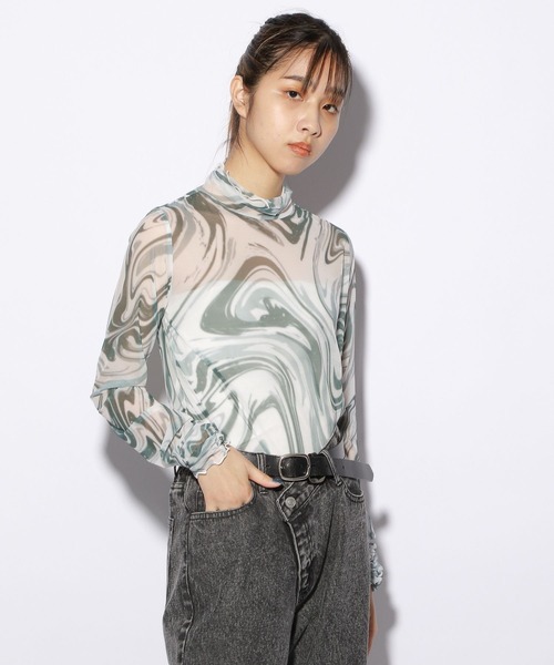 PBLIM（ページボーイリム）の「PAGEBOYLIM/シアーハイネック（シャツ/ブラウス・レディース・ブラック/グリーン系その他/オレンジ/ブルー・FREE）」の3枚目の写真