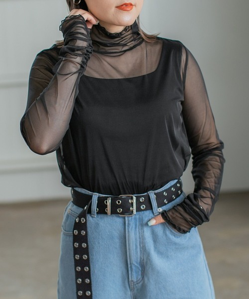 PBLIM（ページボーイリム）の「PAGEBOYLIM/シアーハイネック（シャツ/ブラウス・レディース・ブラック/グリーン系その他/オレンジ/ブルー・FREE）」の2枚目の写真