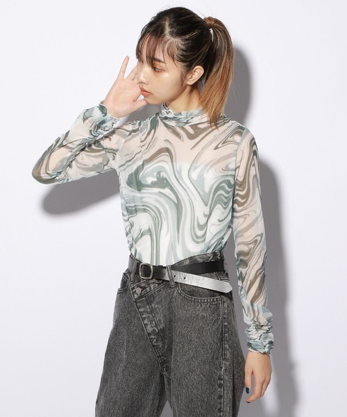 PBLIM（ページボーイリム）の「PAGEBOYLIM/シアーハイネック（シャツ/ブラウス・レディース・ブラック/グリーン系その他/オレンジ/ブルー・FREE）」の5枚目の写真