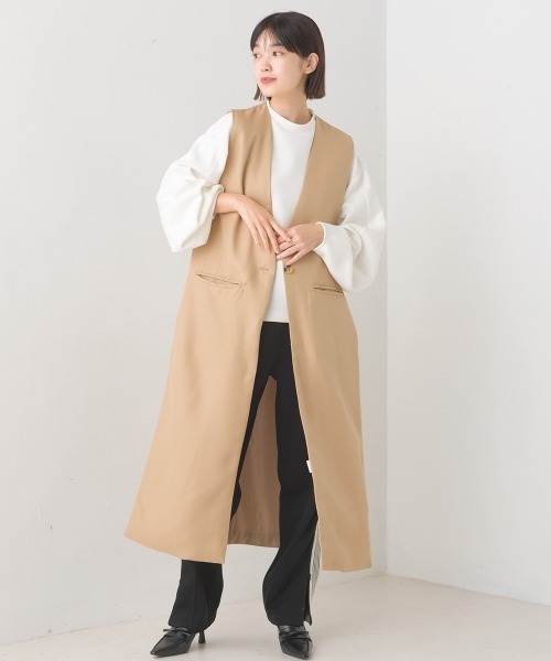 OMNES（オムネス）の「ノーカラーオープンサイドロングジレ（ベスト・レディース・ブラック/ベージュ/ライトカーキ・FREE）」の22枚目の写真