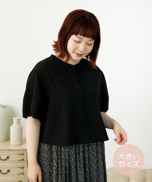 SLURR(スラ―)の「【大きいサイズ】バンドカラーショート丈ブラウス(シャツ/ブラウス・レディース・ブラック/ベージュ/モカ・L)」の2枚目の写真