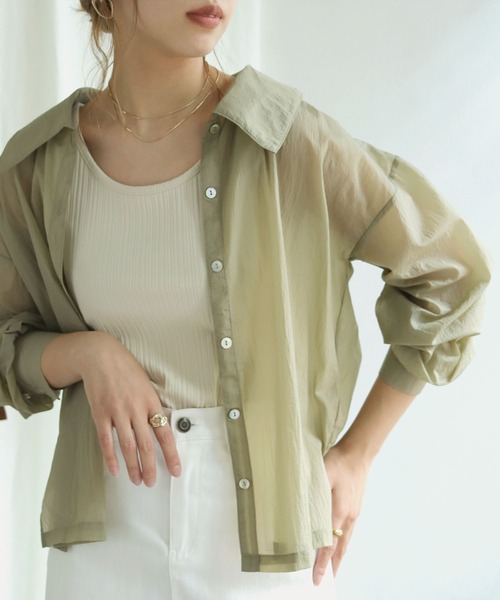 HER CLOSET(ハークローゼット)の「【shemoshelly】シアービッグカラーシャツ(シャツ/ブラウス・レディース・ライトブルー/アイボリー/グレイッシュベージュ・M)」の3枚目の写真