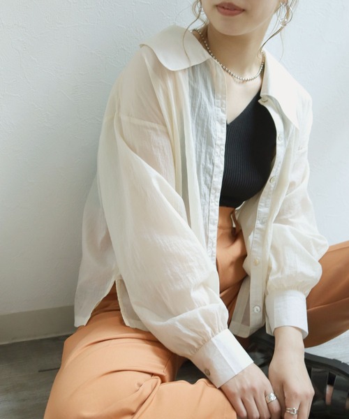 HER CLOSET(ハークローゼット)の「【shemoshelly】シアービッグカラーシャツ(シャツ/ブラウス・レディース・ライトブルー/アイボリー/グレイッシュベージュ・M)」の9枚目の写真
