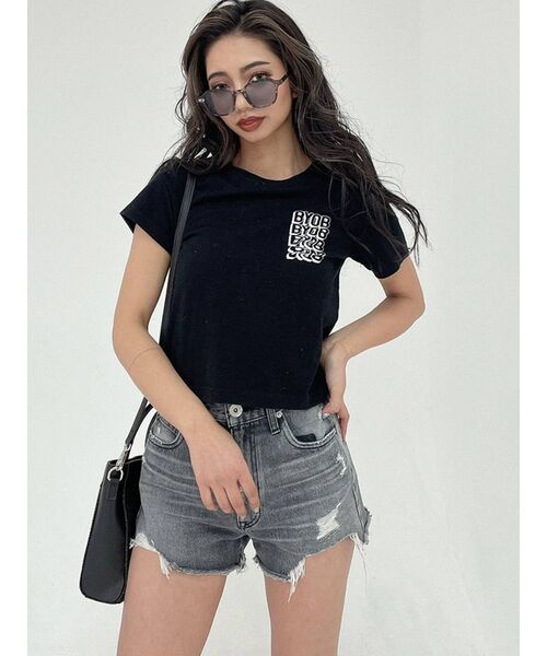GYDA（ジェイダ）の「BYOBタイトショートTシャツ（Tシャツ/カットソー・レディース・オフホワイト/ブラック/グリーン・FREE）」の2枚目の写真