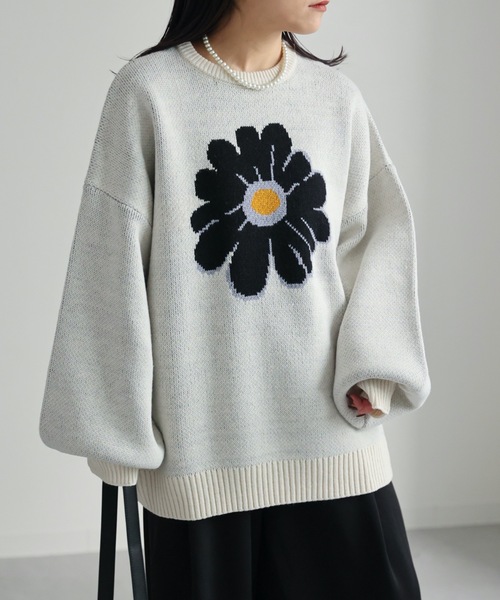 【美品】ビアズリー♡(羽織りにも)ボーダージャガードプルオーバー 12G Wジャガードボリュームスリーブプルオーバー/166314（ニット