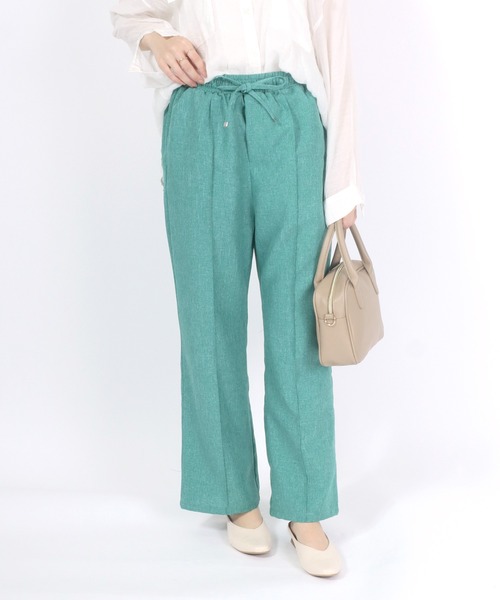 Salong hameu(サロン ハミュー)の「フェイクリネン センタープリーツワイドパンツ レディース/スラックス イージーパンツ(スラックス・レディース・グリーン/ベージュ/イエロー/カーキ/ブラック・M/L)」の1枚目の写真