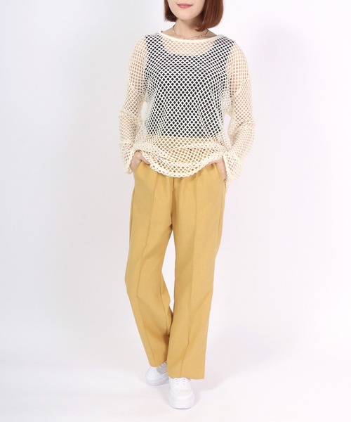 Salong hameu(サロン ハミュー)の「フェイクリネン センタープリーツワイドパンツ レディース/スラックス イージーパンツ(スラックス・レディース・グリーン/ベージュ/イエロー/カーキ/ブラック・M/L)」の11枚目の写真